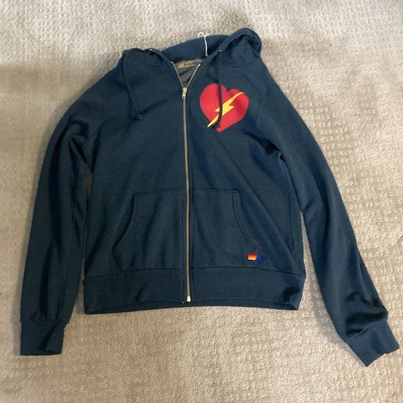 Aviator Nation Navy Hoodie with Red Heart and Yellow Lightning - Picture 2 of 6
